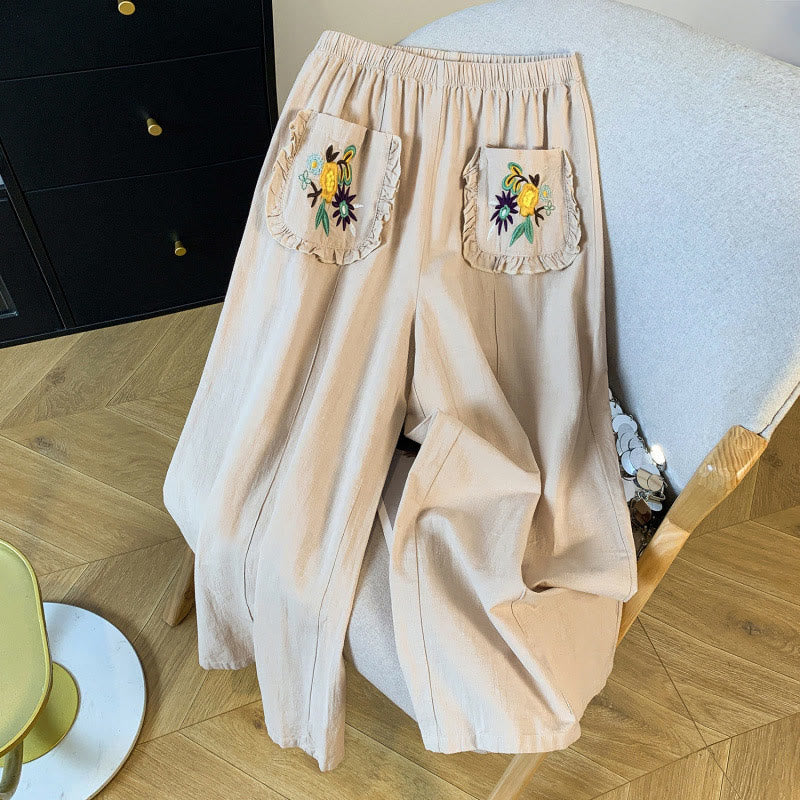 Buddha Stones Casual Beige Embroidery Women's Wide Leg Cotton Linen Pants With Pockets