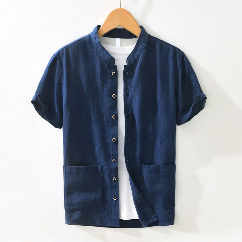 Buddha Stones Casual Buttons Design Stand Collar Men's Short Sleeve Cotton Linen Shirt With Pockets