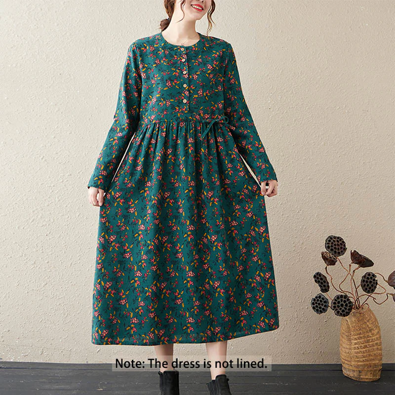 Buddha Stones Casual Ethnic Printing Floral Buttons Design Cotton Linen Midi Dress With Pockets