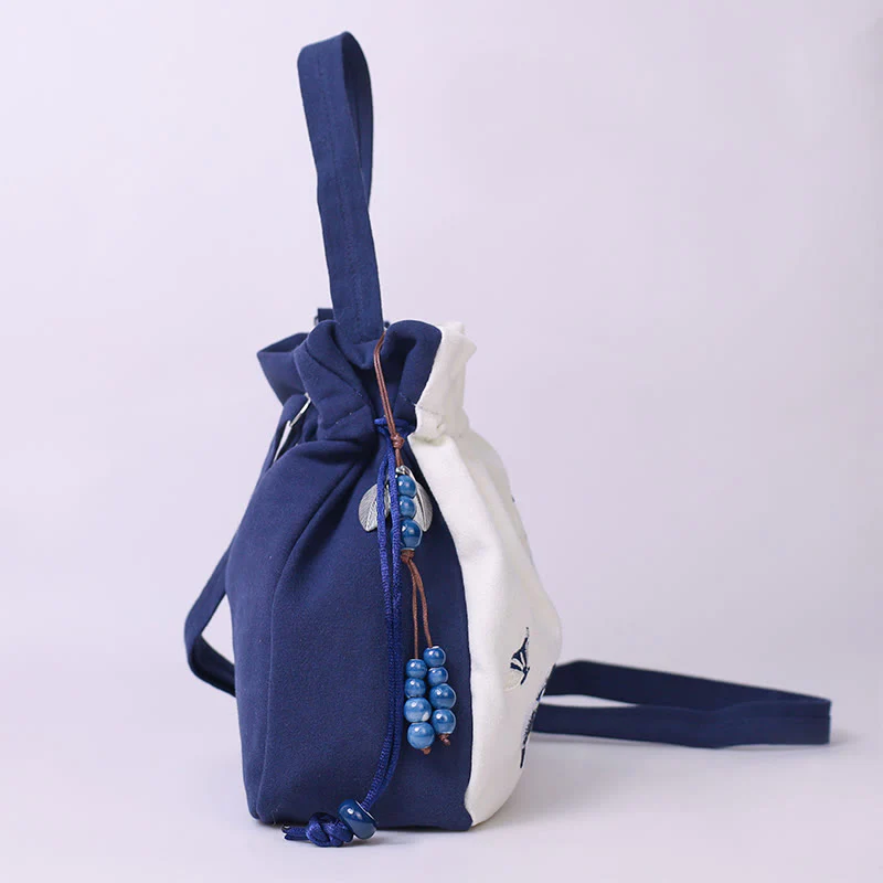 Buddha Stones Embroidered Butterfly Lotus Magnolia Cotton Linen Tote Crossbody Bag Shoulder Bag Handbag