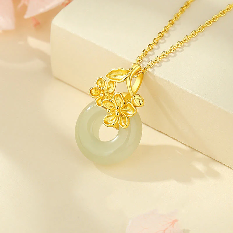 Buddha Stones Hetian Jade 999 Sterling Silver Peace Buckle Peach Blossom Necklace Pendant