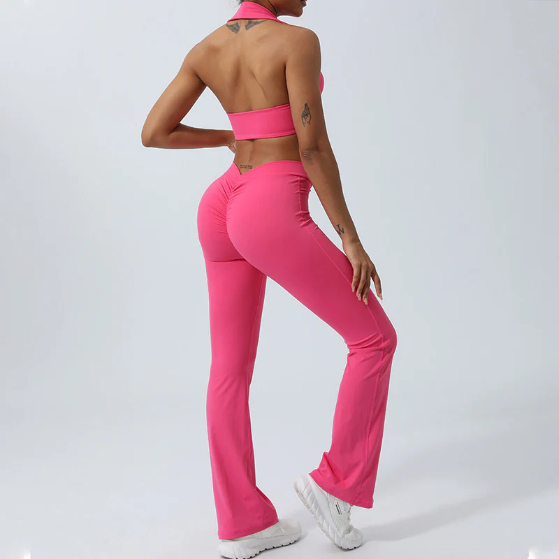 Buddha Stones 2Pcs Workout Sleeveless Backless Top Shorts Flared Pants Sports Fitness Yoga Outfit Set