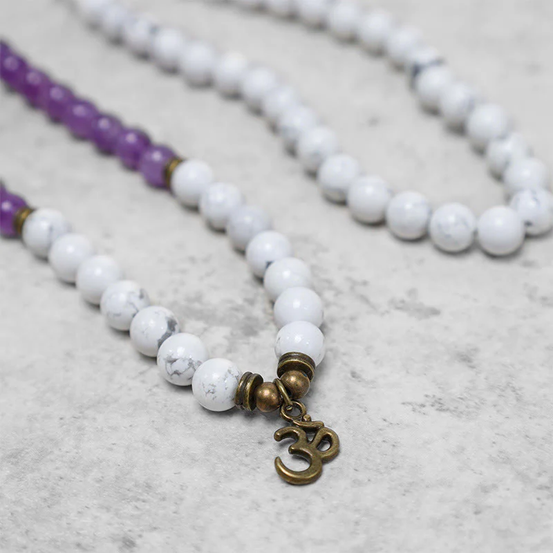 Buddha Stones 108 Mala Beads Amethyst White Turquoise OM Healing Meditation Energy Bracelet