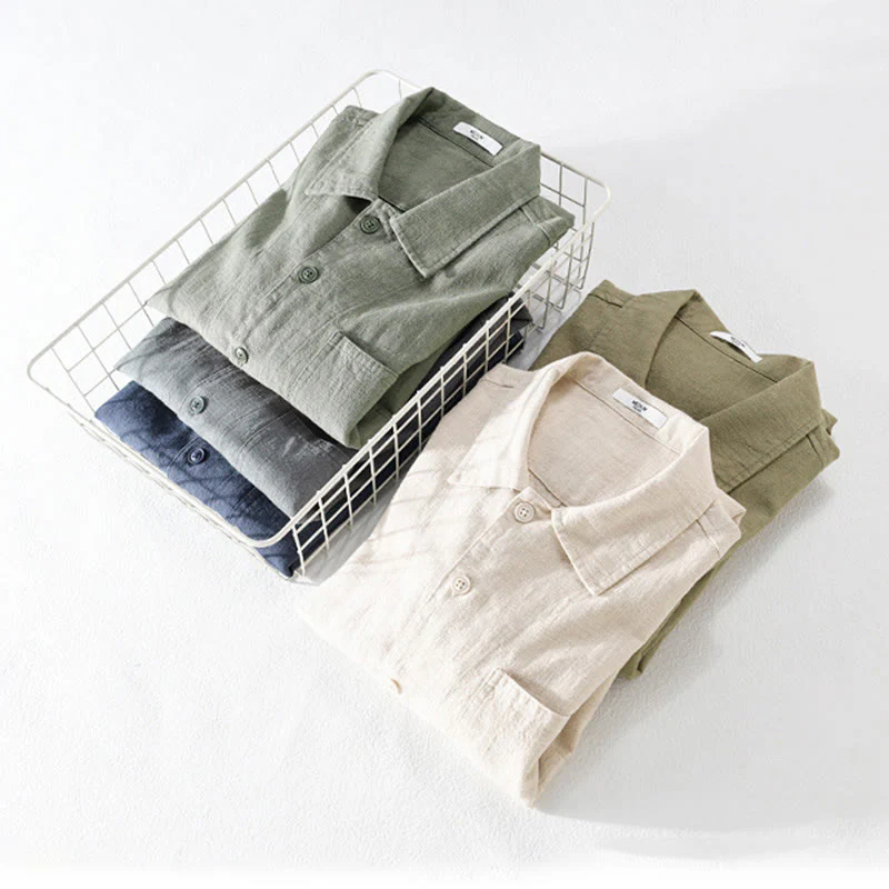 Buddha Stones Commute Men's Plain Buttons Design Cotton Linen Long Sleeve Shirt With Pockets