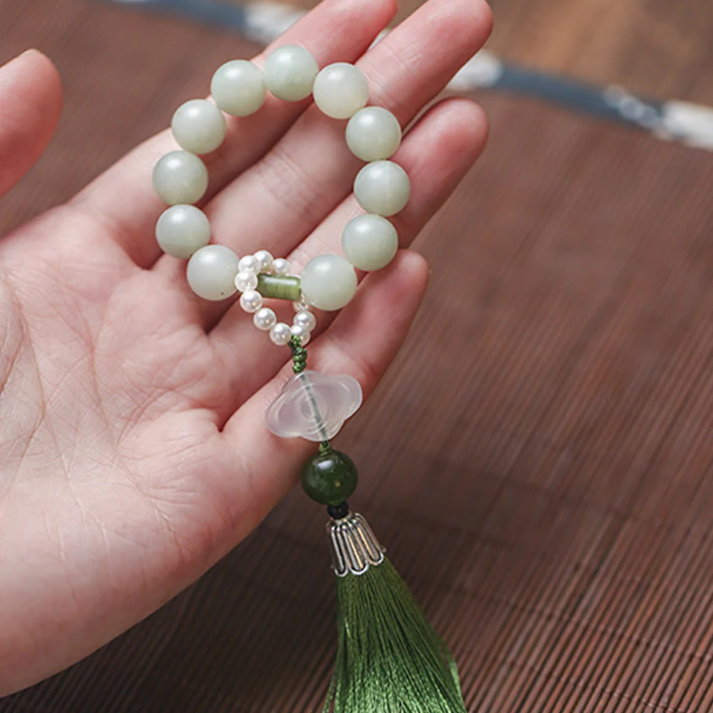 Buddha Stones Green Jade Beads Pearl Prosperity Tassels Wrist Mala