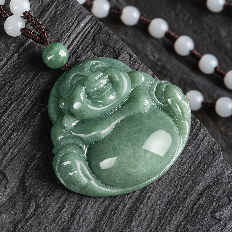 Buddha Stones Laughing Buddha Cyan Jade Harmony Necklace String Bead Pendant
