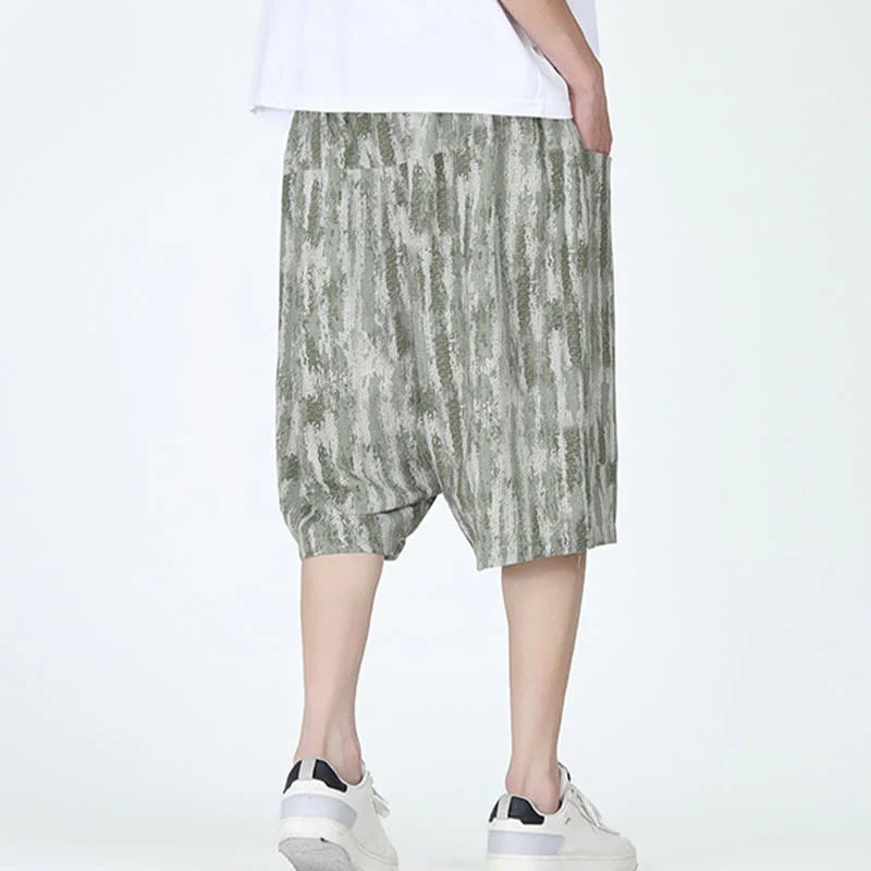 Buddha Stones Summer Stripes Cotton Linen Men's Capri Pants With Pockets