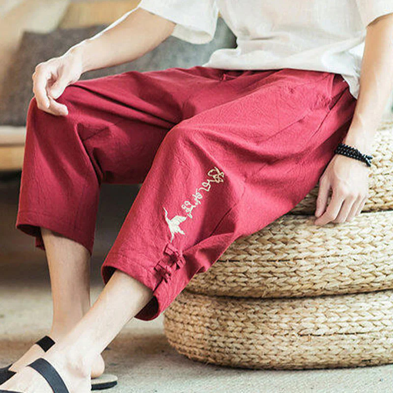 Buddha Stones Crane Embroidery Cotton Men's Cropped Harem Pants With Pockets