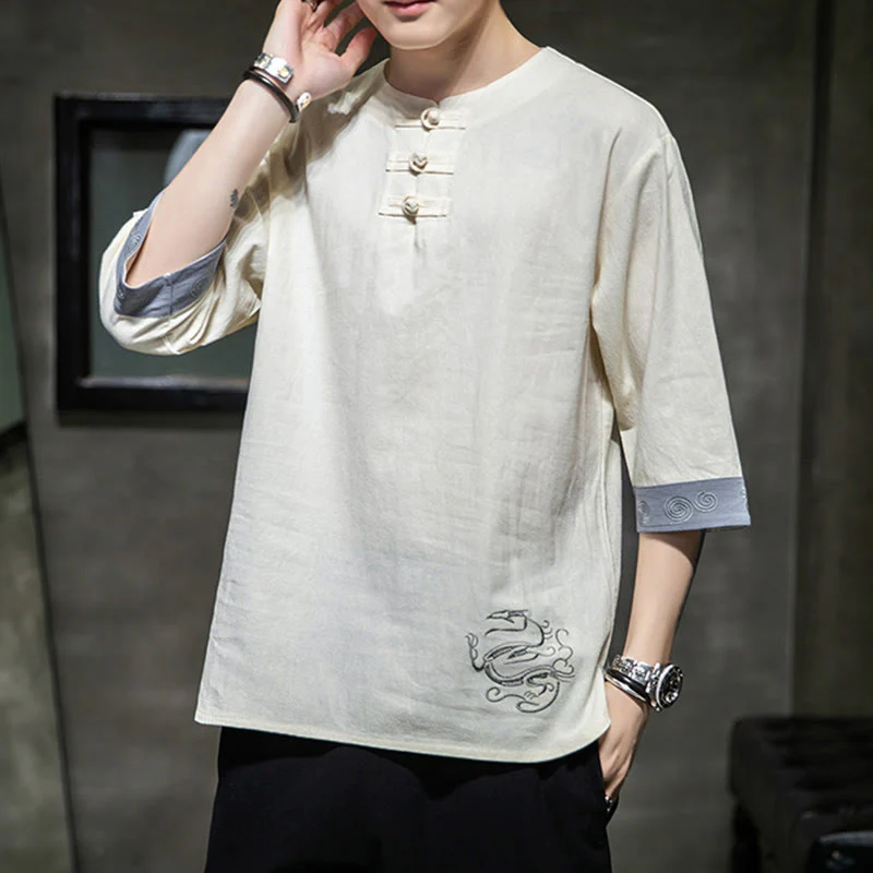 Buddha Stones Summer Embroidery Plain Frog-Button Men's Crew Neck Half Sleeve Cotton Linen Shirt Clothing