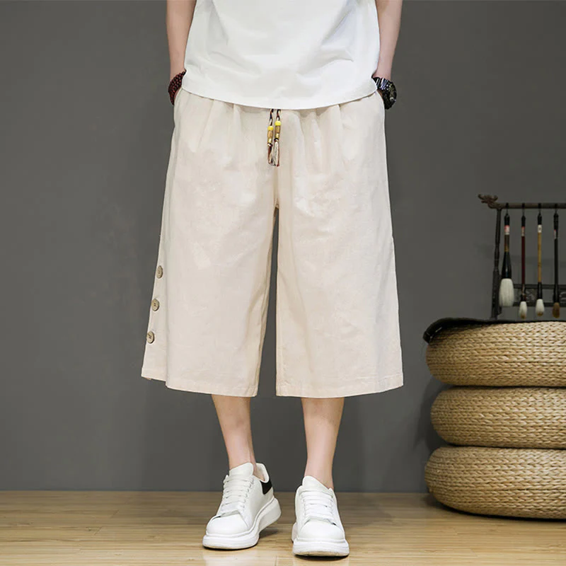 Buddha Stones Casual Plain Side Button Design Drawstring Men's Cotton Cropped Pants With Pockets