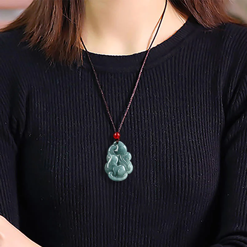 Buddha Stones Natural Green Jade Nine Tailed Fox Fairy Prosperity Necklace Pendant