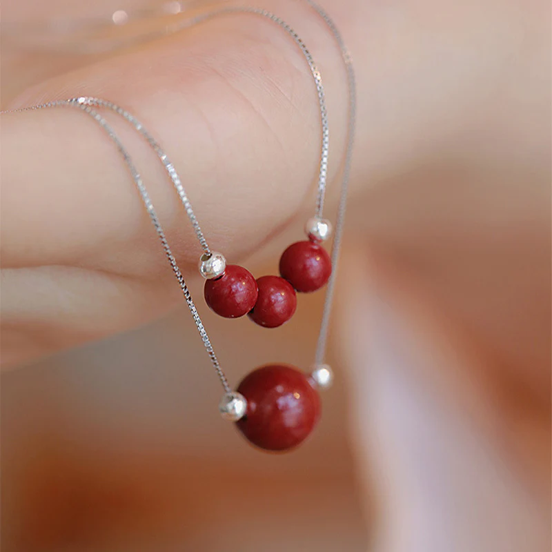 Buddha Stones 925 Sterling Silver Cinnabar Bead Calm Blessing Necklace Pendant