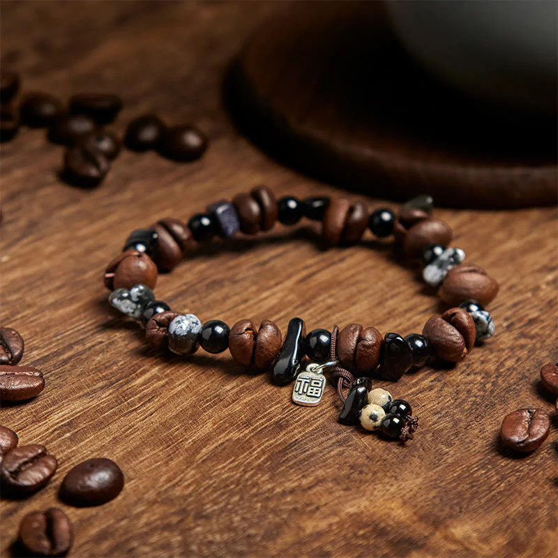 Buddha Stones Natural Coffee Beans Tiger Eye Fu Character Protection Bracelet