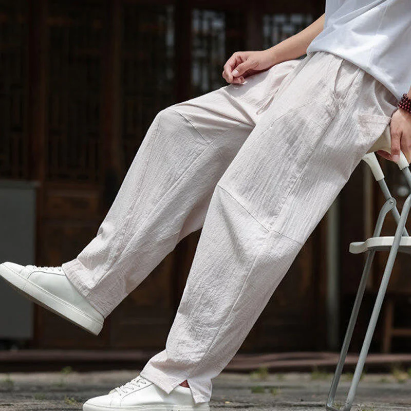 Buddha Stones Solid Drawstring Men's Elastic Waistband Cotton Linen Pants With Pockets