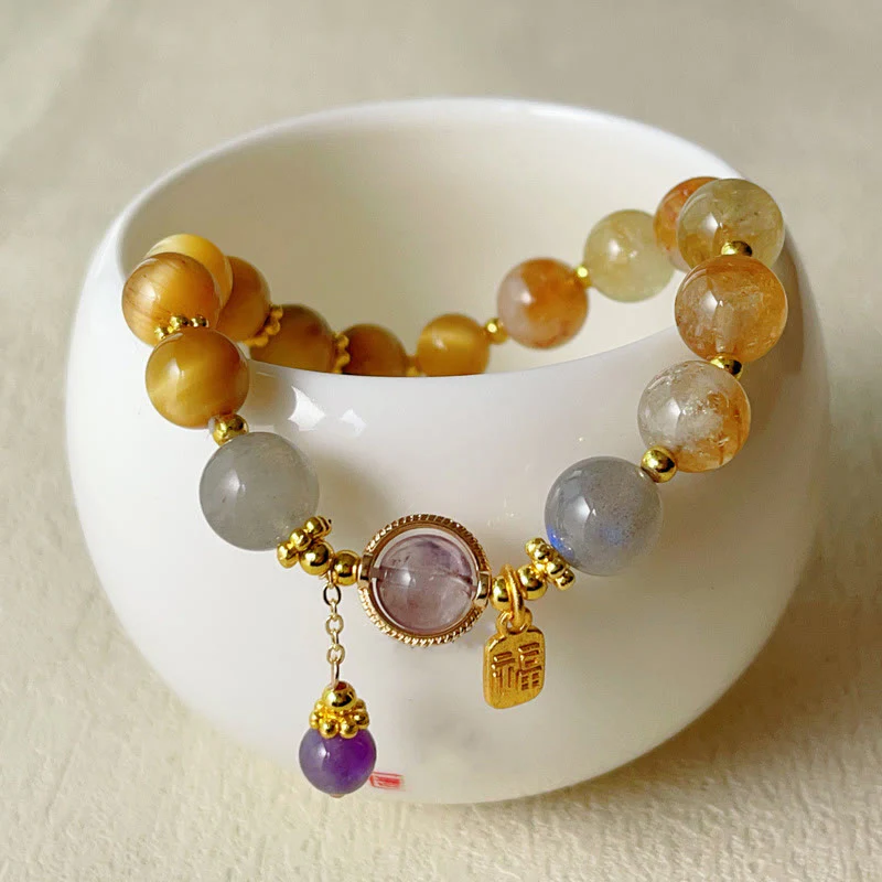 Buddha Stones Natural Citrine Tiger Eye Fu Character Prosperity Bracelet