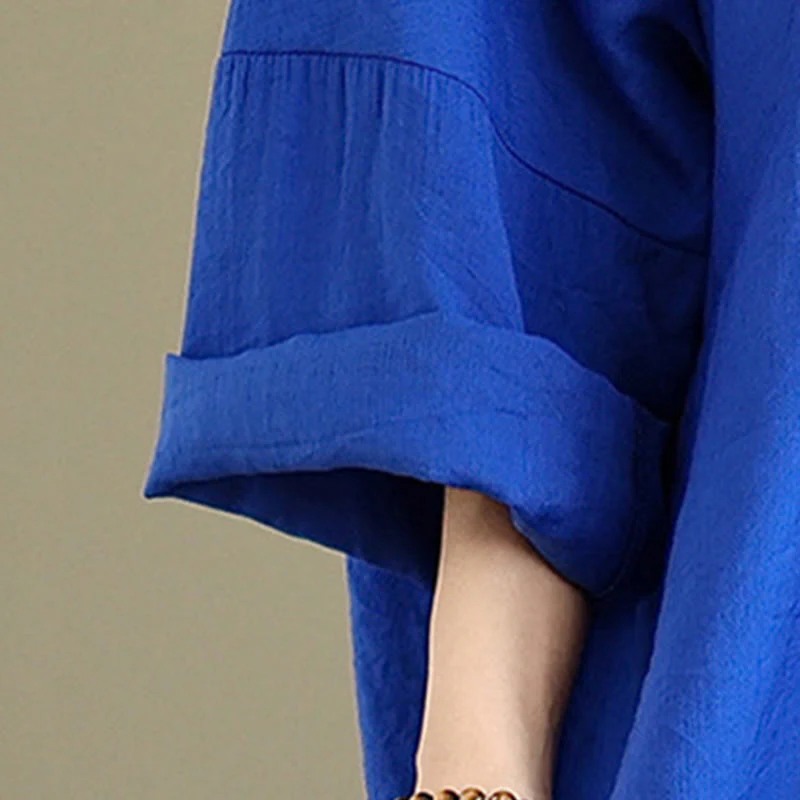 Buddha Stones Fall Casual V-Neck Long Sleeve Cotton Midi Dress