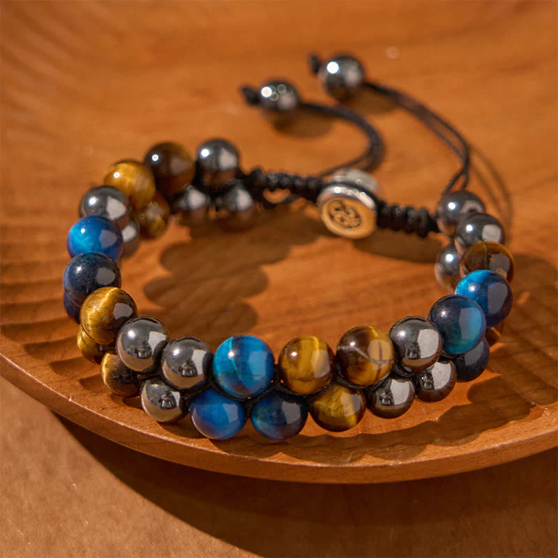 Buddha Stones Natural Blue Tiger Eye Black Magnetite Om Pattern Double Row Beads Strength Bracelet