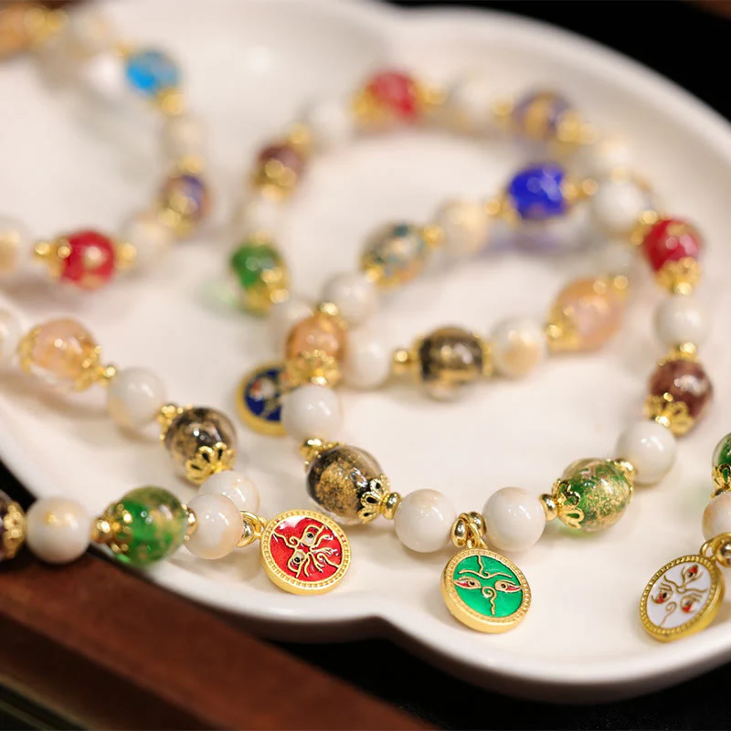 Buddha Stones Tibetan Five God Of Wealth Fortune Liuli Glass Bead Incense Ash Porcelain Bead Charm Bracelet