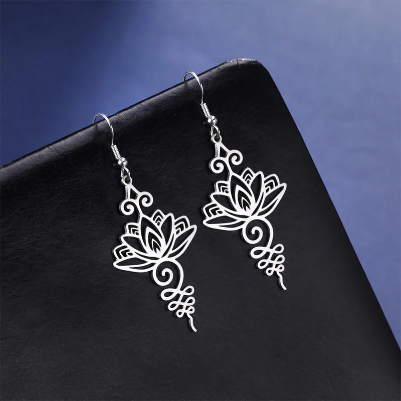 Buddha Stones Hollow Lotus Flower Stainless Steel Enlightenment Metal Drop Earrings