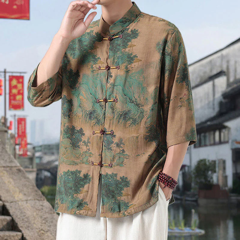 Buddha Stones Dragon Auspicious Clouds Green Mountains Chinese Frog-Button Men's Half Sleeve Cotton Linen Shirt