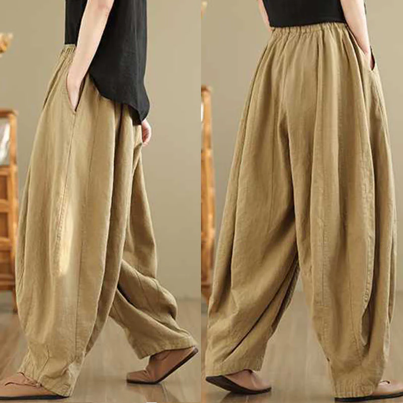 Buddha Stones Spring Casual Simple Design Women's Cotton Linen Harem Pants With Pockets
