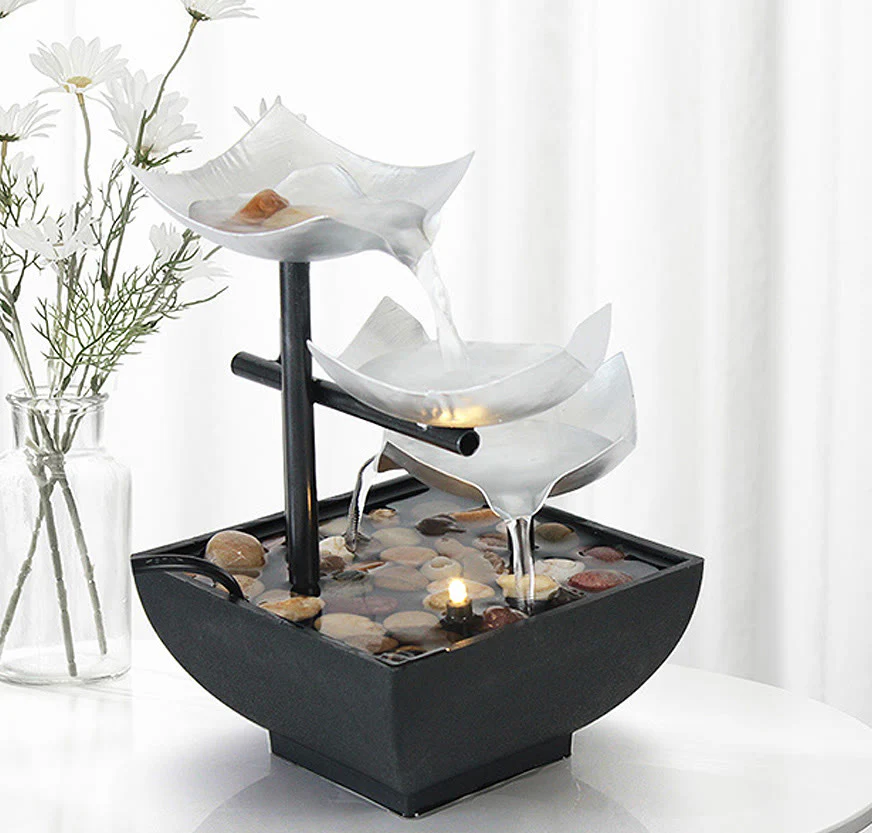Buddha Stones Three Layers Waterfall Fountain Tabletop Lotus Ornaments With River Rocks Desktop Decoration