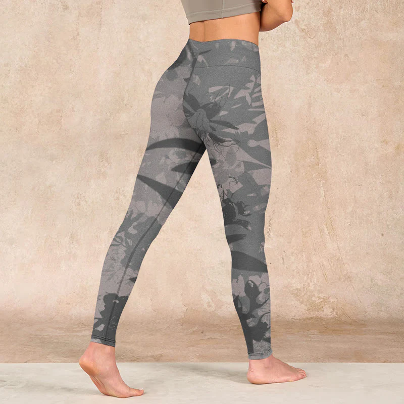 Buddha Stones Gray Leaves Print Gym Leggings Women's Yoga Pants