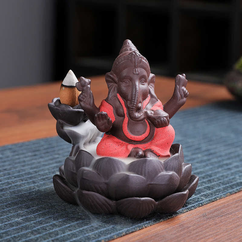 Buddha Stones Ganesh Elephant Purple Clay Backflow Smoke Fountain Protection Incense Burner