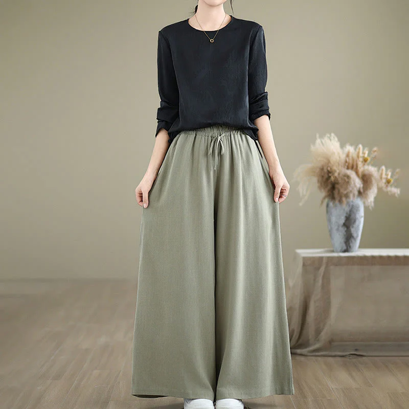 Buddha Stones Commute Plain Simple Lace-Up Design Women's Wide Leg Cotton Linen Pants With Pockets