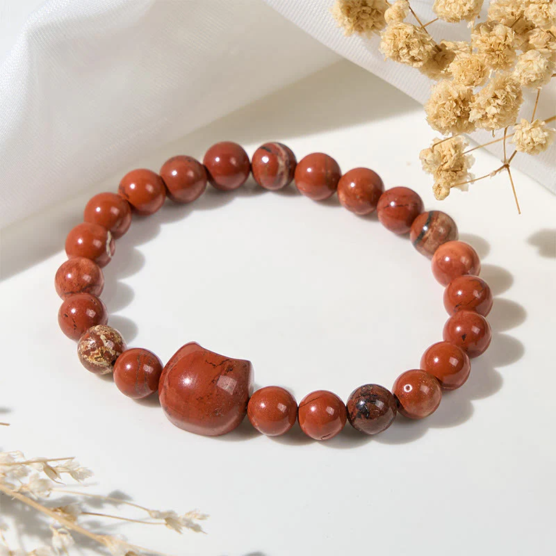 Buddha Stones Faceless Cat Head Design Red Turquoise Luck Bracelet