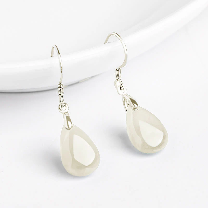 Buddha Stones 925 Sterling Silver Jade Water Drop Pattern Luck Prosperity Dangle Earrings