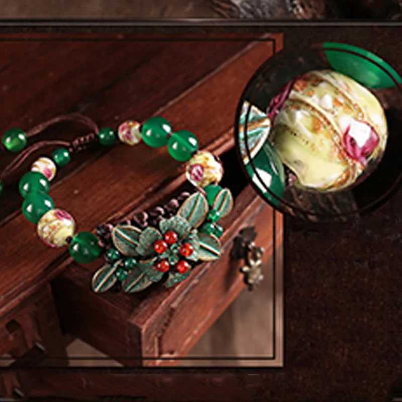 Buddha Stones Green Agate Glass Flower Beads Braided Knot Support Bracelet