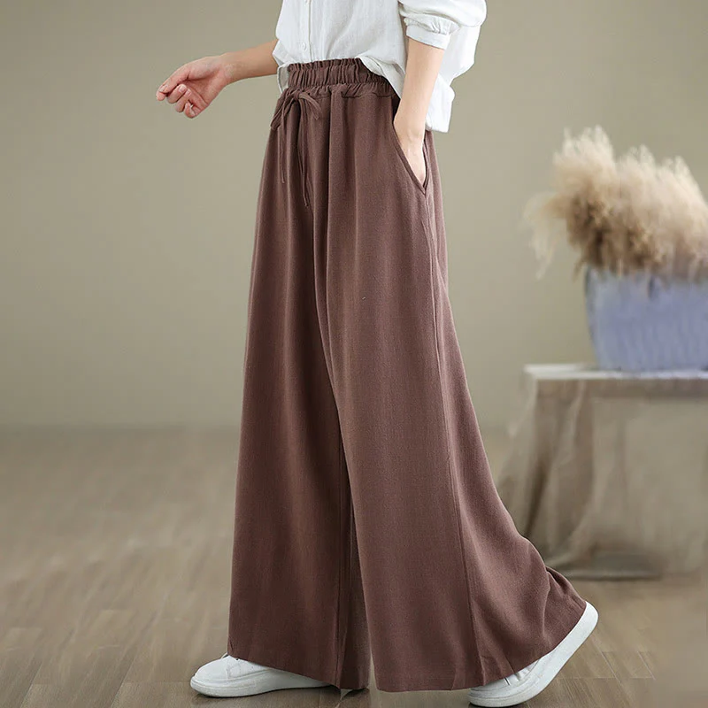 Buddha Stones Commute Plain Simple Lace-Up Design Women's Wide Leg Cotton Linen Pants With Pockets