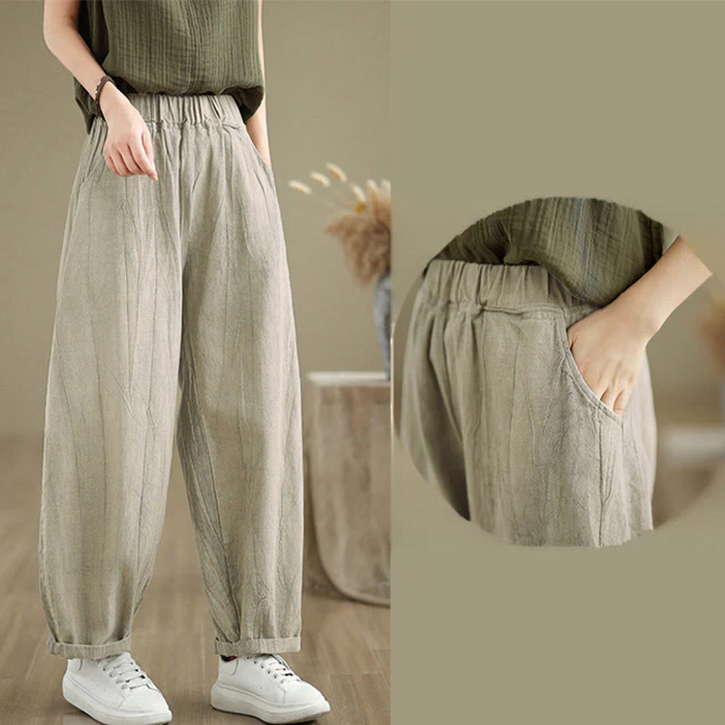 Buddha Stones Casual Plain Women's Cotton Linen Harem Pants With Pockets
