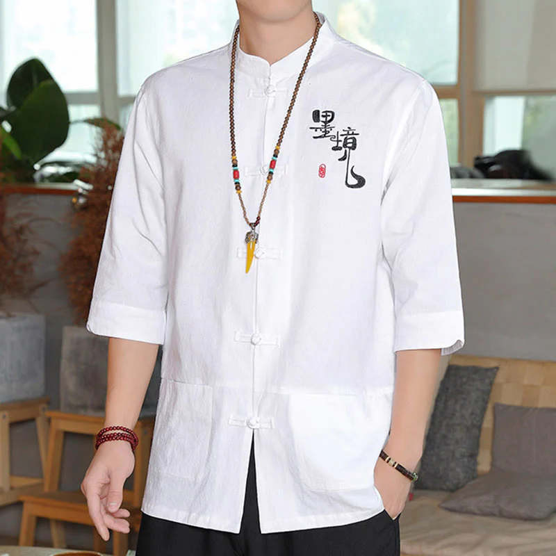 Buddha Stones Frog-Button Chinese Tang Suit Three Quarter Sleeve Cotton Linen Men's Shirt
