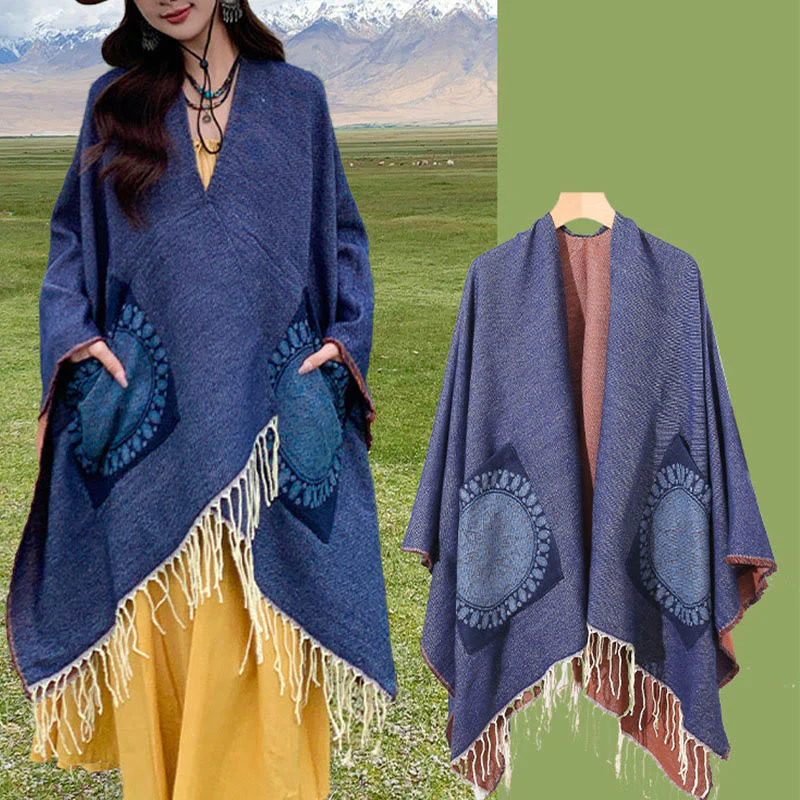 Buddha Stones Tibetan Geometric Round Mandala Pattern Tassels Shawl Fall Winter Cozy Scarf Wrap With Pockets