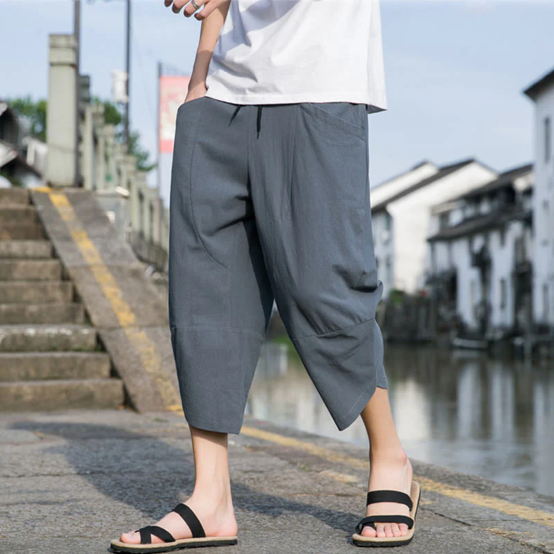Buddha Stones Summer Casual Simple Plain Tapered Design Drawstring Men's 7-8 Length Cotton Linen Pants With Pockets