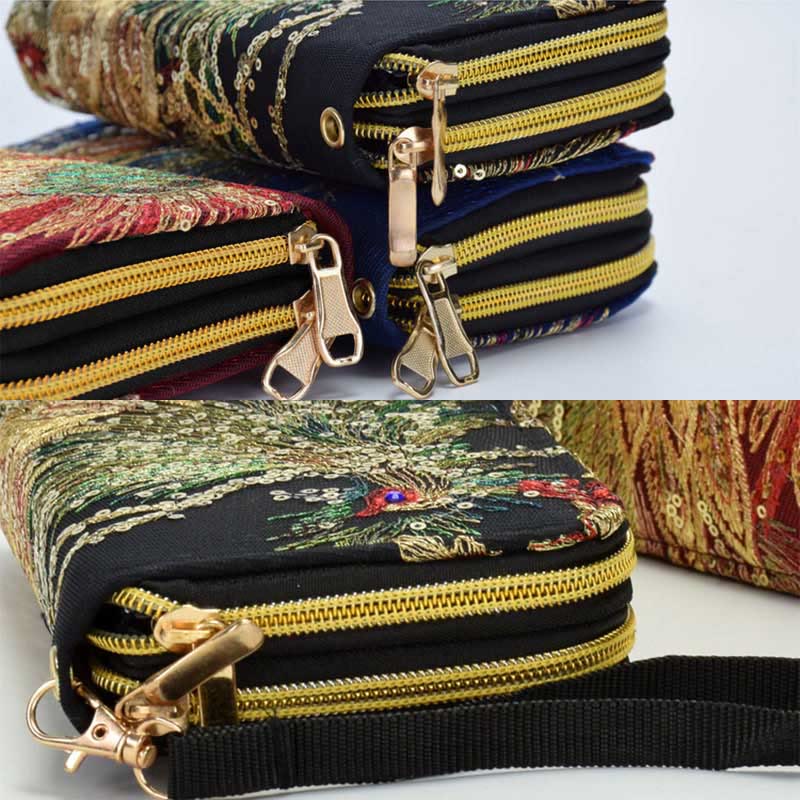 Buddha Stones Peacock Double-sided Embroidery Cash Holder Wallet Shopping Purse