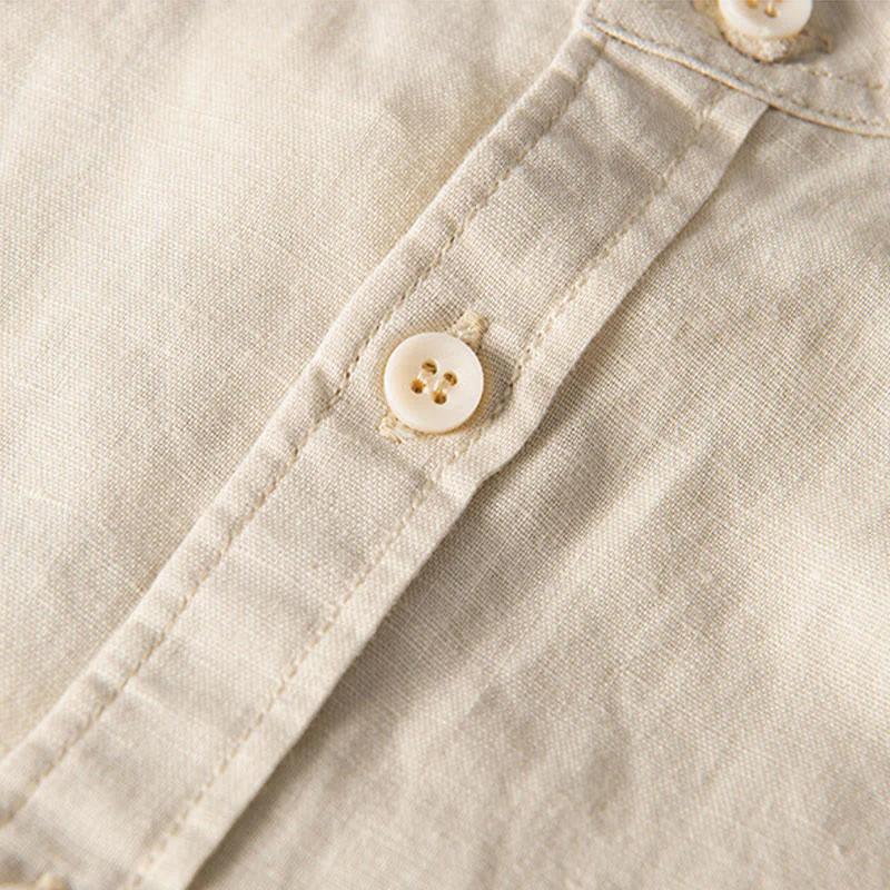 Buddha Stones Casual Daily Simple Buttons Design Stand Collar Men's Short Sleeve Cotton Linen Shirt With Front Pockets