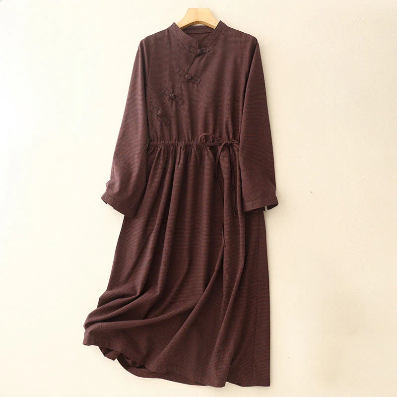 Buddha Stones Casual Plain Frog-button Cotton Midi Dress With Pockets