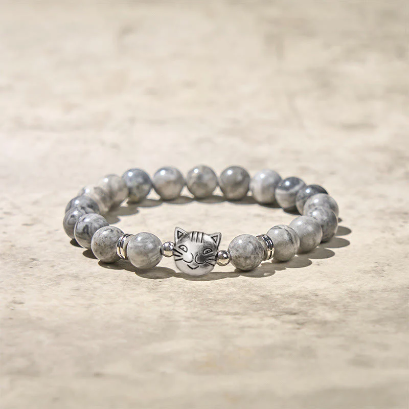 Buddha Stones Cute Cat Natural Grey Jasper Bead Healing Bracelet