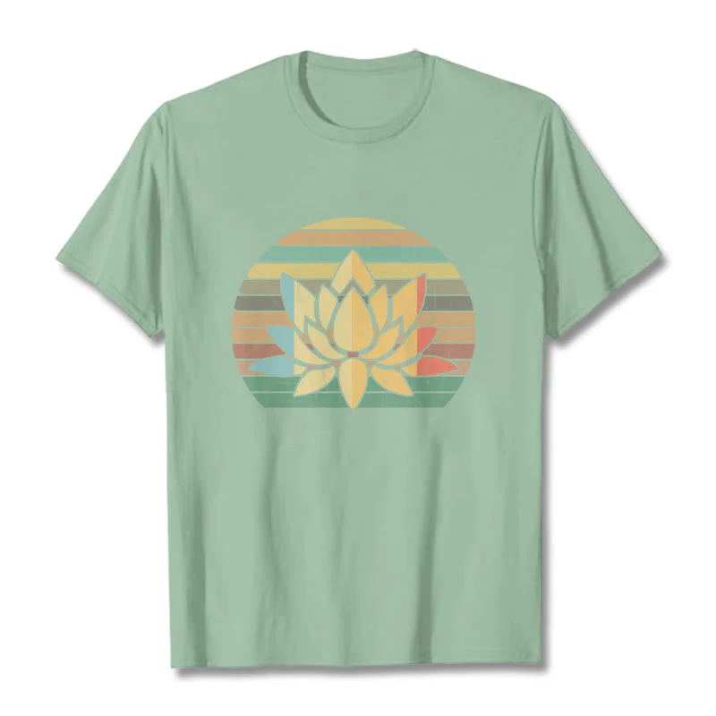 Buddha Stones Casual Retro Striped Background Lotus Flower Pattern Cotton Tee T-shirt