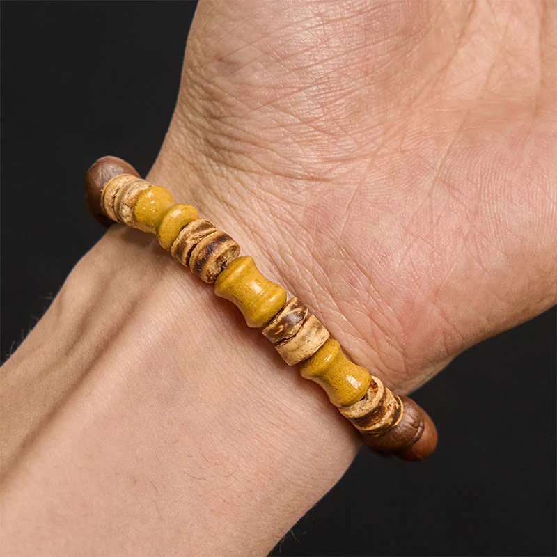 Buddha Stones Handmade Natural Coffee Beans Coconut Shell Bamboo Jade Positive Bracelet