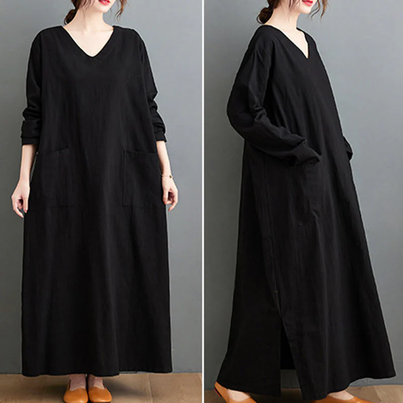 Buddha Stones Fall Casual Simple Design Long Sleeve Cotton Linen Maxi Dress With Pockets