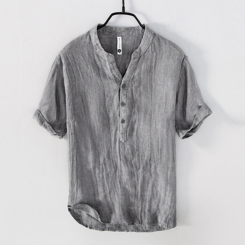 Buddha Stones Solid Color Short Sleeve Half Button Shirt Cotton Linen Men Clothing