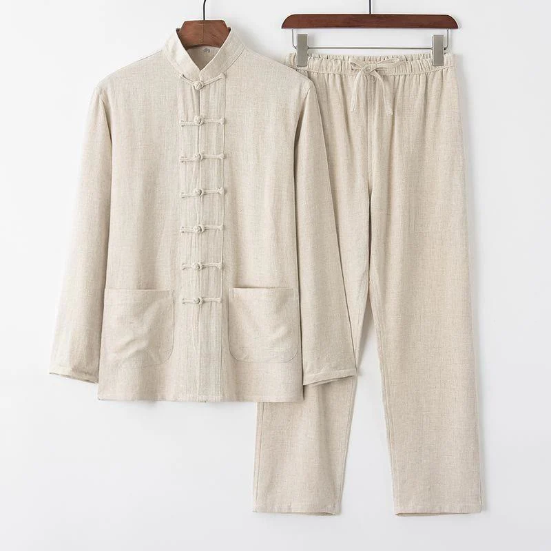 Buddha Stones 2Pcs Tang Suit Frog-Button Long Sleeve Shirt Pants Linen Cotton Men's Set