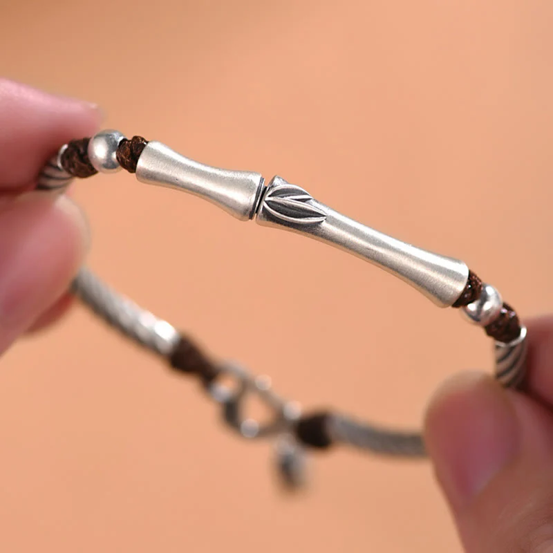 Buddha Stones 999 Sterling Silver Bamboo Pattern Cicada Luck Wealth Bracelet