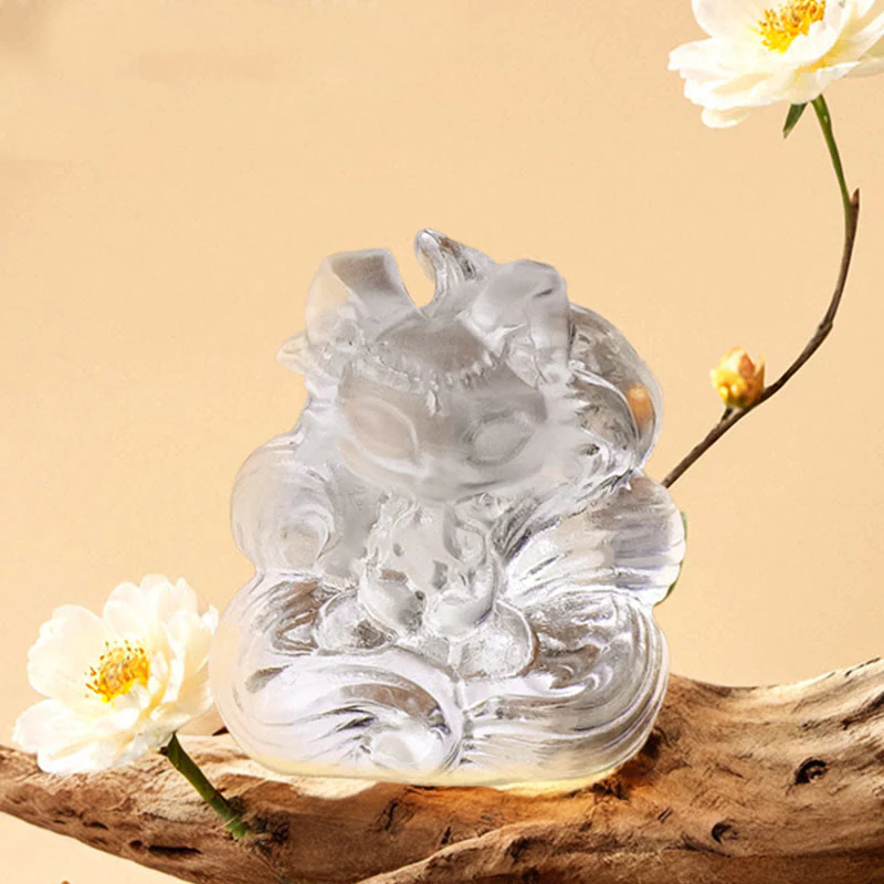 Buddha Stones Natural White Crystal Mini Small Nine Tailed Fox Carved Healing Home Decoration