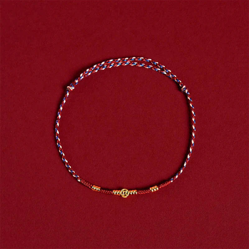 Buddha Stones Handmade Braided Red String Copper Coins Luck Bracelet