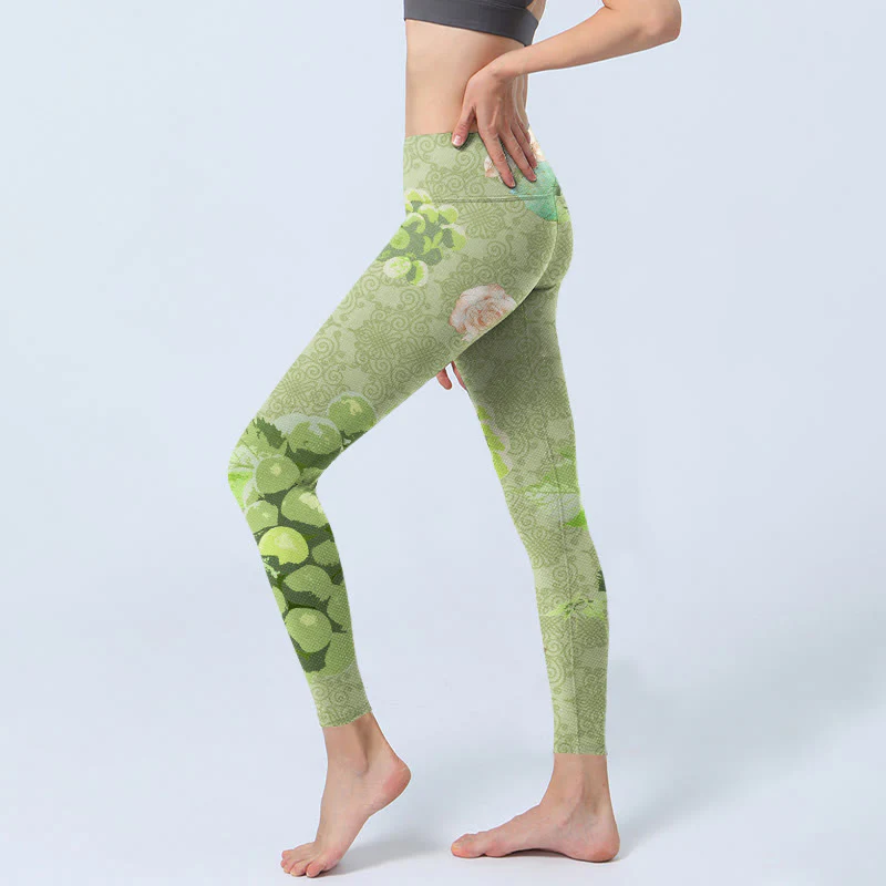 Buddha Stones Green Grapes Pink Roses Gym Leggings Women's Yoga Pants